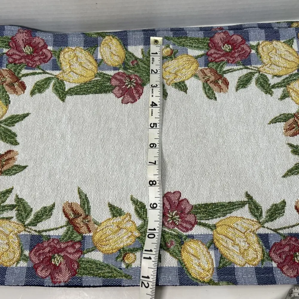 Tulip Flowers Blue White Checked Border Woven Tapestry 19